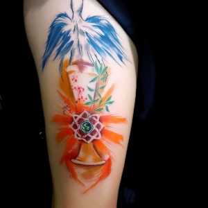 Tetování ve stylu watercolor. Motiv fantasy. Střední kérka.