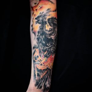 Tetování ve stylu blackwork, watercolor. Motiv fantasy. Střední kérka. Tetoval Jan Kobler.