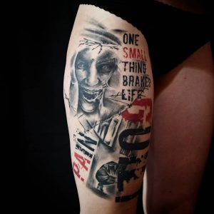 Tetování ve stylu trash polka. Motiv lidé. Střední kérka. Tetoval Jan Kobler.