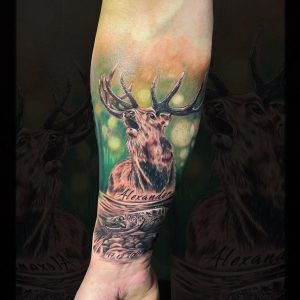 Tetování ve stylu realistic. Motiv příroda, zvířata. Střední kérka.