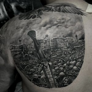 Tetování ve stylu black and grey, realistic. Motiv lidé. Velká kérka.