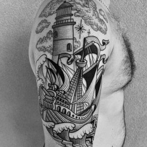 Tetování ve stylu linework. Motiv předměty. Střední kérka. Tetoval Martin Kubala.