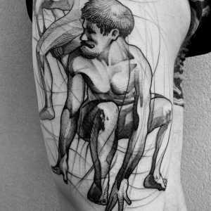 Tetování ve stylu linework. Motiv lidé. Střední kérka. Tetoval Martin Kubala.
