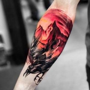 Tetování ve stylu watercolor. Motiv zvířata. Střední kérka. Tetovala Veronika Hanuliakova.