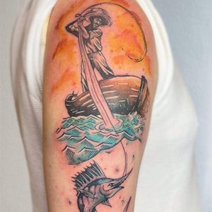 Tetování ve stylu watercolor. Motiv lidé, příroda. Střední kérka. Tetovala Antonie.