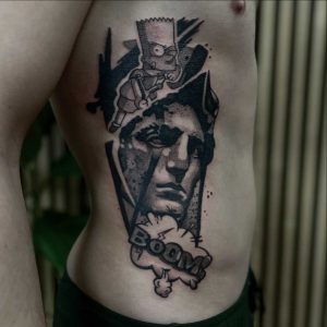 Tetování ve stylu blackwork, dotwork. Motiv abstrakce, portrét. Střední kérka. Tetoval Peter Ciriak.