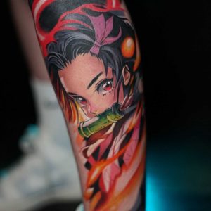 Tetování ve stylu new school. Motiv anime. Střední kérka. Tetoval Jakub Čierný.