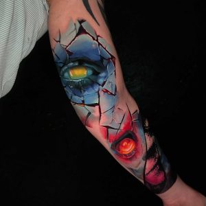 Tetování ve stylu watercolor. Motiv abstrakce. Velká kérka. Tetoval Mišo Sokol.