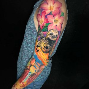 Tetování ve stylu watercolor. Motiv abstrakce, květiny, zvířata. Velká kérka. Tetoval Mišo Sokol.