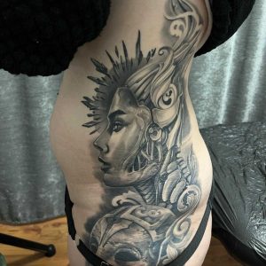 Tetování ve stylu realistic. Motiv fantasy, portrét. Velká kérka. Tetoval Judas Tattoo.