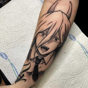 Tetování ve stylu blackwork. Motiv anime. Střední kérka. Tetoval Youngsoul.