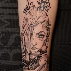 Tetování ve stylu blackwork. Motiv anime, portrét. Malá kérka. Tetoval Absm.